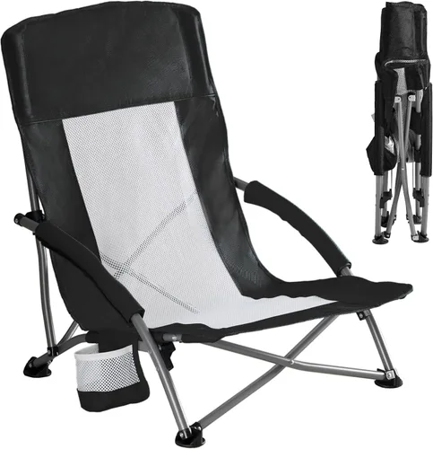 DUMOS Silla de playa plegable para campamento, silla de playa ligera y baja portátil con soporte para tazas, bolsillo de almacenamiento, respaldo de