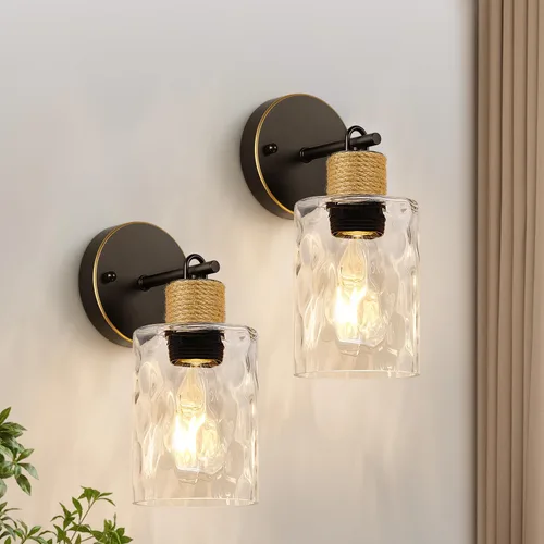 Miniatura 17 de MOKATNG Juego de 2 apliques de pared para baño, luces de tocador modernas costeras con pantalla de cristal, lámpara de pared negra para espejo