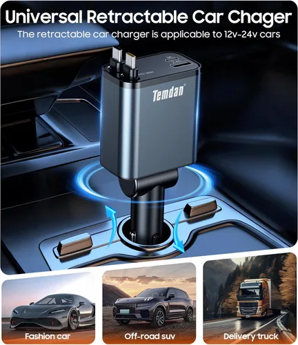 Miniatura 4 de Cargador retráctil para automóvil, cargador rápido 4 en 1, USB C, accesorios de coche para hombres y mujeres, accesorios de automóvil para regalos