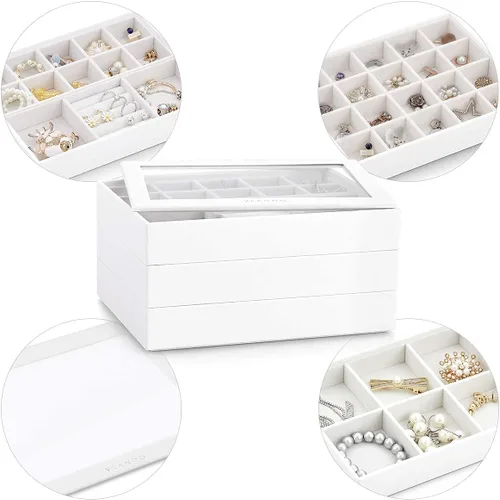 Miniatura 8 de Vlando - Bandeja organizadora de joyas apilable de gran capacidad organizador de cajones bandeja de exhibición caja para anillos aretes collares