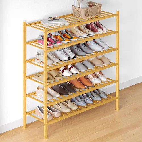 Miniatura 10 de Smiry Zapatero de bambú para clóset, organizador de zapatos apilable de 4 niveles largo de madera, estante de almacenamiento de zapatos Negro