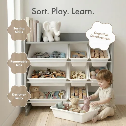 Miniatura 7 de Humble Crew Organizador de almacenamiento de juguetes con estante superior y 9 contenedores extraíbles, gris/blanco, estantería para niños pequeños