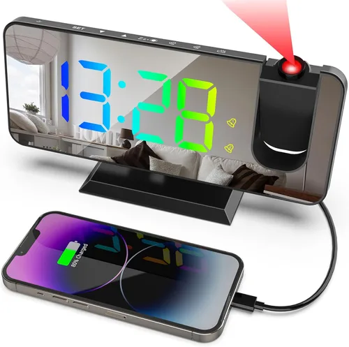 Reloj despertador de proyección para techo de dormitorio, reloj digital RGB de 11 colores, pantalla grande de espejo de 7.3 pulgadas con alarma