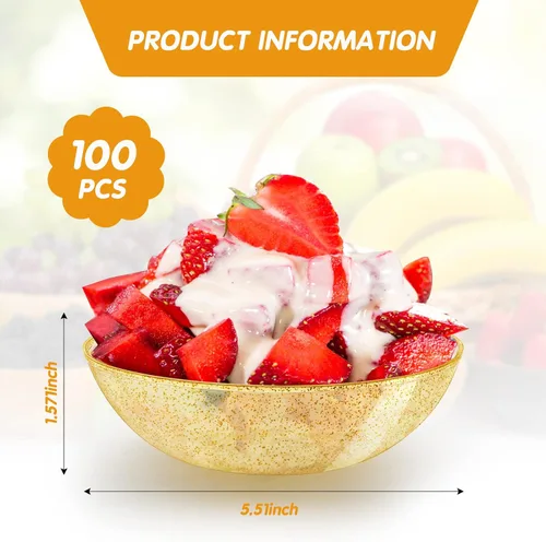 Miniatura 2 de Gerrii Paquete de 100 cuencos de plástico con purpurina dorada de 14 onzas, cuencos desechables para ensaladas, recipientes de sopa de postres