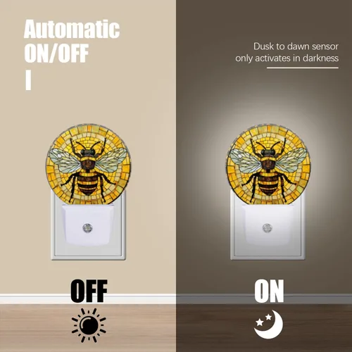 Miniatura 6 de Lámpara de Luz Nocturna LED Redonda con Sensor de Anochecer a Amanecer, Vidrio Emplomado Circular 3D con Luz Nocturna de Abejorro que se Enchufa a