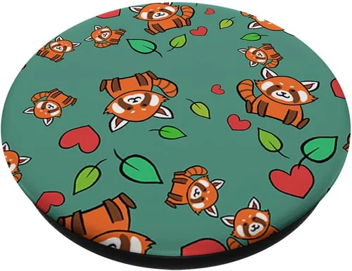 Miniatura 2 de Patrón de hojas de corazón de panda roja Kawaii Wild Animal Lover PopSockets intercambiable PopGrip