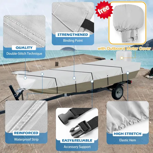 Miniatura 2 de Solim Cubierta de 16 pies para bote Jon con cubierta para motor, lona de poliéster impermeable de 1200D y PU de grado marino resistente para Gris