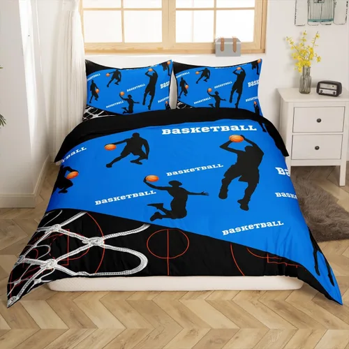 Erosebridal Juego de funda de edredón deportiva tamaño individual, temática de baloncesto, azul y negro, 2 piezas (1 funda de edredón, 1 funda de