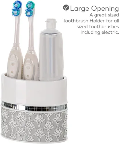 Miniatura 5 de Creative Scents Juego completo de accesorios de baño de damasco de espejo, juego de baño decorativo de 4 piezas blanco y gris incluye: dispensador