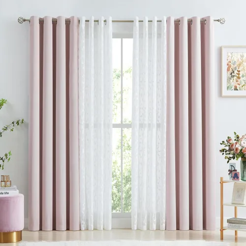 Miniatura 18 de Jubilantex Cortinas opacas completas + paneles de ventana transparentes con hojas, juego de tratamiento de ventana de doble capa estilo mezcla