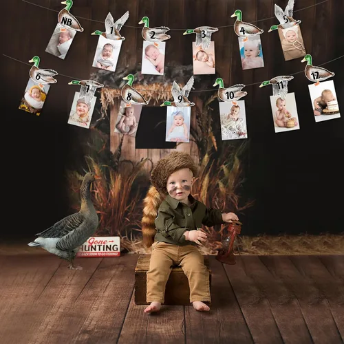 Miniatura 3 de Cartel de fotos de 1er cumpleaños de pato mallardo, cartel con imagen temática de pato de recién nacido a 12 meses, registro de crecimiento