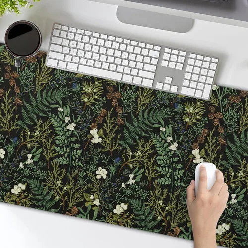 Miniatura 7 de Alfombrilla de mouse negra estética vintage para juegos botánicos, extendida, bonita planta verde bosque, naturaleza, floral, grande