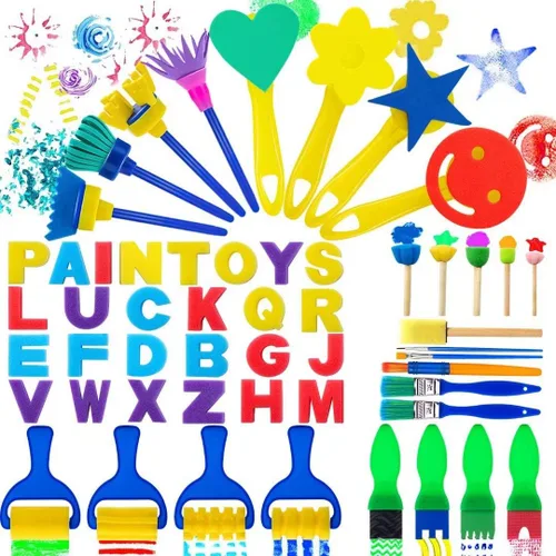 53 pinceles de pintura para niños, esponjas de pintura, lavables, juego de pinceles de pintura para niños pequeños de aprendizaje temprano, esponjas