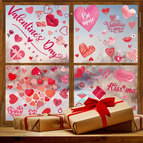 Miniatura 3 de 9 hojas de calcomanías para ventana del día de San Valentín, calcomanías de doble cara para ventana, diseño de labios rojos con corazón rosa