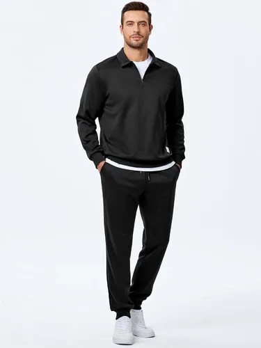 Miniatura 2 de JMIERR Conjunto deportivo de 2 piezas para hombre, con cremallera de un cuarto, camiseta tipo polo y pantalones deportivos