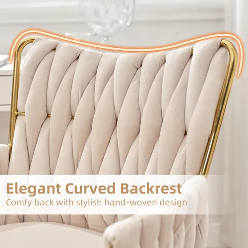Miniatura 3 de ABET Silla de Escritorio de Terciopelo con Ruedas, Bonita Silla de Oficina Giratoria Tapizada, Moderno Sillón Rodante Dorado Tejido a Mano con Beige