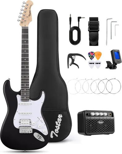 Miniatura 11 de Tostar Kit de guitarra eléctrica con amplificador, 39 pulgadas, tamaño completo, 6 cuerdas, ligero, diseño de cuerpo redondeado, interruptor