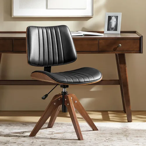Miniatura 7 de HULALA HOME Silla de oficina en casa de piel sintética con patas de madera maciza, silla de escritorio giratoria de 360°, sin ruedas con diseño