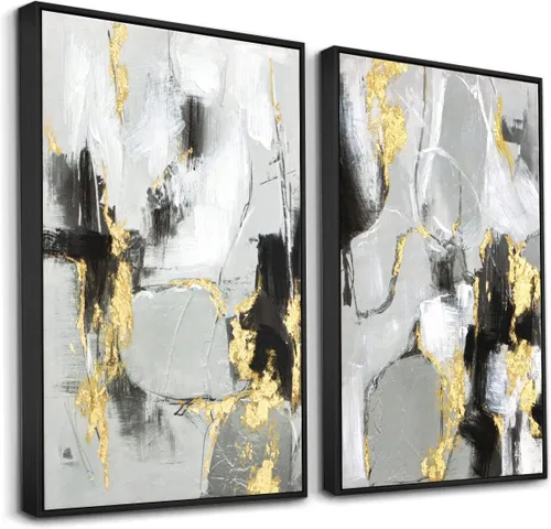 Zessonic - Arte de pared abstracto en negro y oro - Decoración 2 piezas 16 x 24 pulgadas, lienzo en blanco y negro con lámina dorada para sala de