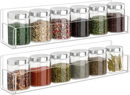 Estante de especias acrílico para montar en pared de 30 cm, estante transparente para especias, paquete de 2 organizadores de condimentos colgantes
