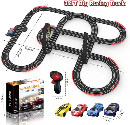 Miniatura 6 de Sets de pista de carreras de coches de ranura de 32 pies con alimentación eléctrica para niños y niños, carreras dobles con 4 coches de alta