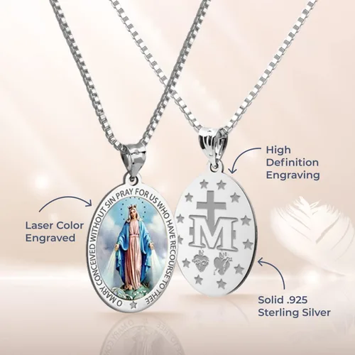 Miniatura 2 de Picturesongoldcom Collar con medalla milagrosa católica Virgen María colgante redondo para mujeres y hombres hecho en oro amarillo o blanco de 10