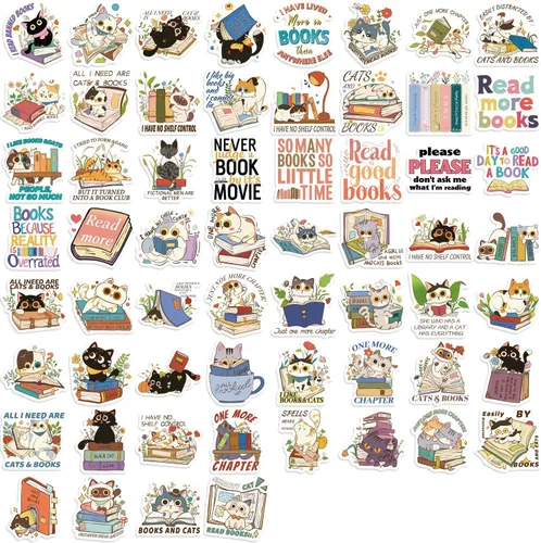 Miniatura 6 de 60 piezas de calcomanías de gatos y libros - Lindas calcomanías de vinilo impermeables de gatitos para amantes de los libros, lectores, álbumes