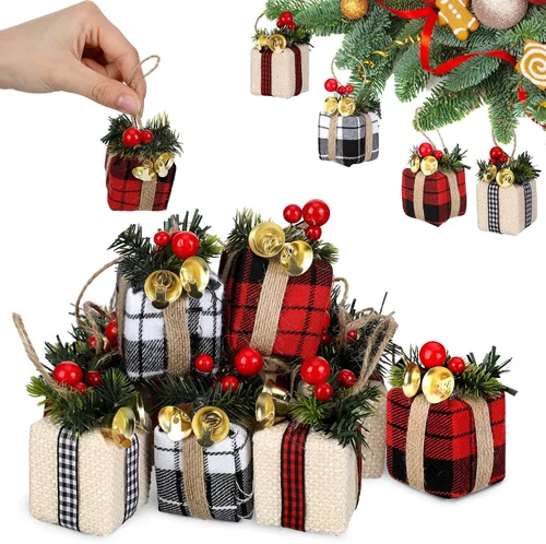 Miniatura 9 de Panelee 12 Piezas Cajas de Regalo de Árbol de Navidad Adornos Mini Adornos Rojos y Verdes Paquetes Envueltos de Navidad con Campana Bayas Rojas