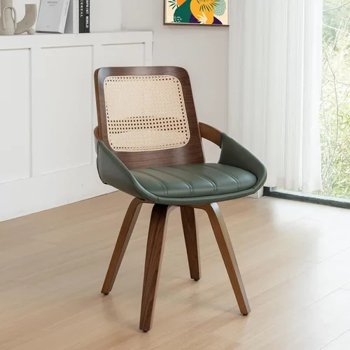 Miniatura 9 de Juego de 2 sillas de comedor de ratán verde, sillas de comedor modernas de mediados de siglo con marco de madera curvada de nogal, respaldo Nogal