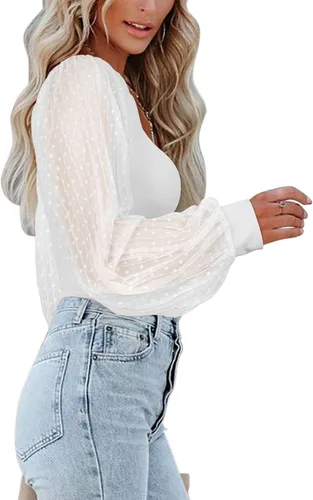 Miniatura 3 de PINKMSTYLE Body de manga larga con cuello cuadrado para mujer, con lunares, traslúcido, básico