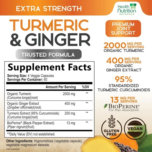 Miniatura 2 de Suplemento de curcumina de cúrcuma, 2000 mg de cúrcuma orgánica y 400 mg de jengibre orgánico por porción, 95% curcuminoides y pimienta negra
