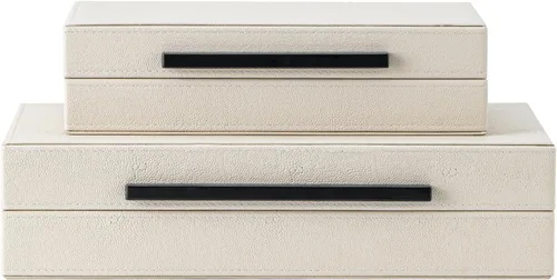 Miniatura 9 de Juego de 2 cajas de almacenamiento decorativas de cuero granulado beige con asas de metal negro – Cajas para joyas y recuerdos de cuero sintético