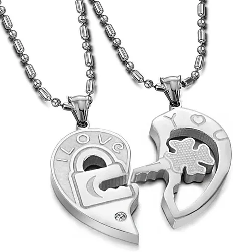 Collar con colgante de acero inoxidable con candado de corazón y llave a juego tipo rompecabezas para parejas de él y ella