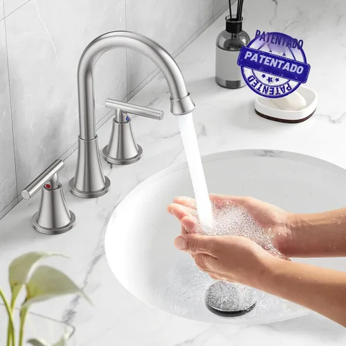 Miniatura 2 de Grifos de Baño para Lavabo de 3 Orificios, Hurran Grifo de Lavabo de Baño de Níquel Cepillado con Desagüe Pop-up y Líneas de Suministro, Grifo