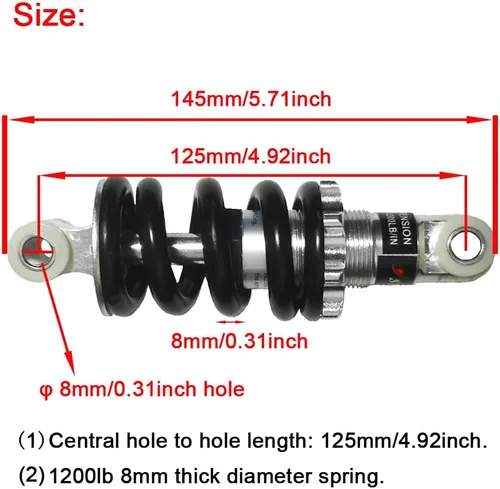 Miniatura 2 de CYDZSW Amortiguador trasero universal, 125mm/4.92 pulgadas, amortiguadores de resorte de suspensión de 1200 libras, compatible con bicicleta