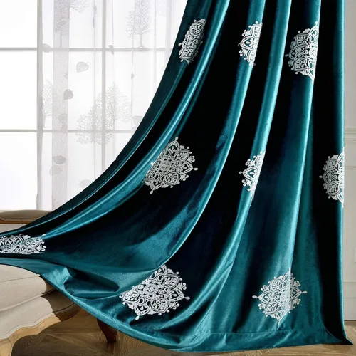 Miniatura 23 de VOGOL Cortinas opacas bordadas para sala de estar, paneles de cortina de terciopelo azul para dormitorio, 52 x 63 pulgadas, 2 paneles