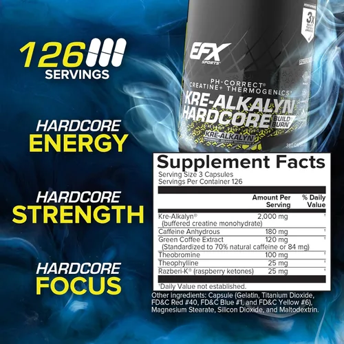 Miniatura 3 de EFX Sports Kre-Alkalyn Hardcore Suplemento termogénico de creatina monohidrato pH correcto, energía y fuerza, preentrenamiento 120 porciones