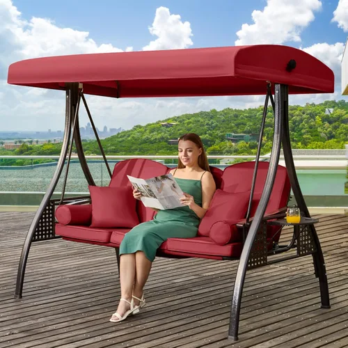 Miniatura 12 de Columpio de porche para exteriores 3 en 1 con toldo ajustable, columpio de 3 asientos para adultos, columpio de patio con cojines gruesos, almohadas