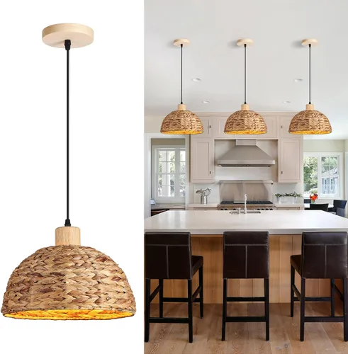 Miniatura 9 de Luces colgantes bohemias para isla de cocina, 11.8 pulgadas, luminaria de ratán bohemio tejida a mano, iluminación de tejido de hierba marina Tejido