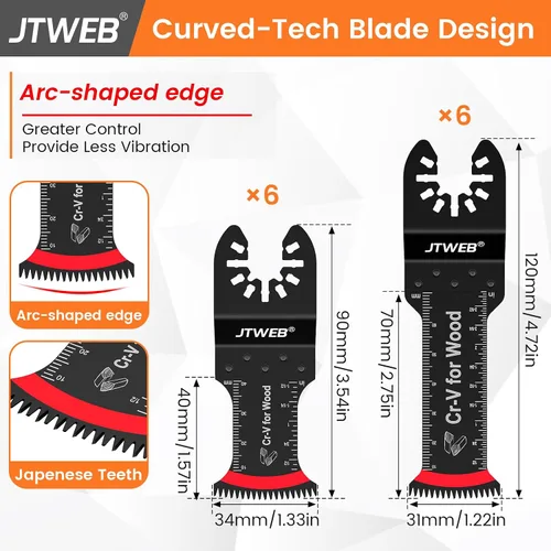 Miniatura 2 de JTWEB Hojas de sierra oscilantes de dientes japoneses de madera, 12 piezas estándar y de alcance extra largo con borde en forma de arco, cuchillas
