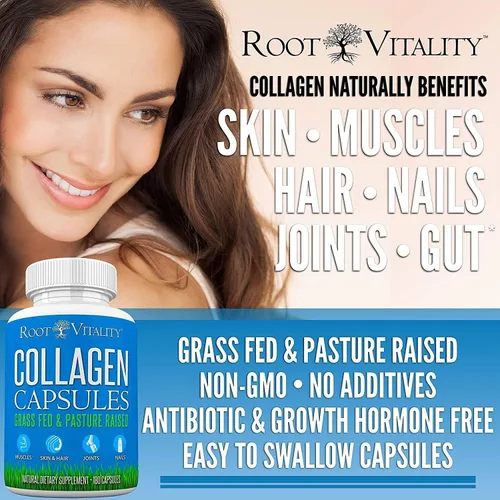 Miniatura 2 de Root Vitality Cápsulas de péptidos de colágeno, suplemento de proteína hidrolizada criado en pastos para piel, cabello y uñas, sin OMG, sin azúcar