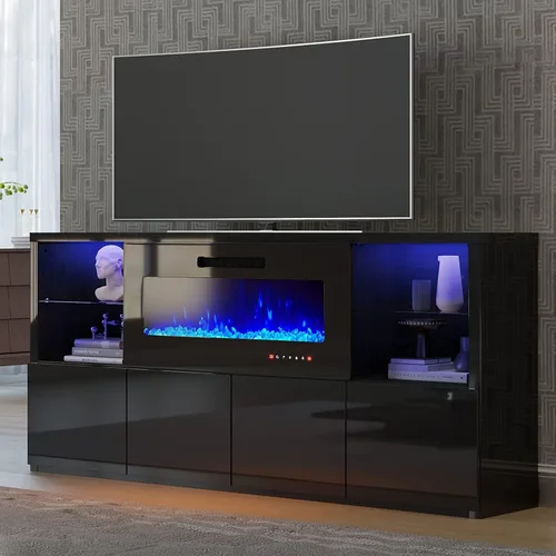 AMERLIFE Soporte de TV con chimenea de 68 pulgadas con chimenea de 40 pulgadas, moderno centro de entretenimiento con chimenea de alto brillo con