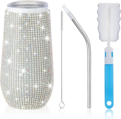 Tessco Vasos Tumbler con Pedrería Brillante con Pajita Botella de Agua con Purpurina Tumbler de Pajita de Acero Inoxidable Vaso Aislado con Pedrería