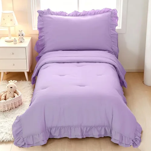 Miniatura 9 de Juego de ropa de cama para niñas pequeñas, 4 piezas con volantes dobles, suave y transpirable, juego de ropa de cama para cuna, incluye edredón Rosa