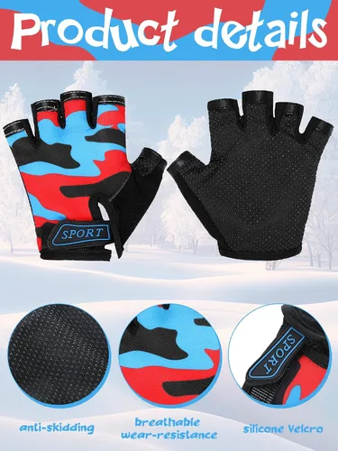 Miniatura 4 de Boao 3 pares de guantes de medio dedo para niños guantes de deporte antideslizantes de gel para niños Ciclismo de montar en bicicleta, azul, gris