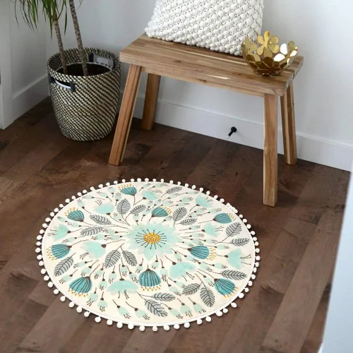 Miniatura 7 de Uphome Alfombra Redonda Pequeña de 2' Círculo Tapete de Baño Lindo con Pompones Flecos Diseño Floral de Plantas Alfombras de Baño Lavables Suaves