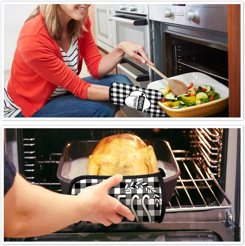 Miniatura 6 de Juego de 5 toallas de cocina a cuadros de búfalo, guantes de horno y soporte para ollas, toallas de cocina en blanco y negro, almohadillas calientes