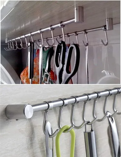 Miniatura 6 de Estantes de utensilios de cocina de acero inoxidable 304 con 7 ganchos deslizantes montados en la pared de 15 pulgadas