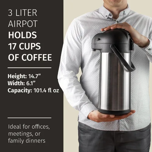 Miniatura 6 de Dispensador de café Airpot con bomba y bandeja - Jarra de café de 102 oz/3L con bomba - Dispensador de bebidas calientes de 12 horas para fiestas