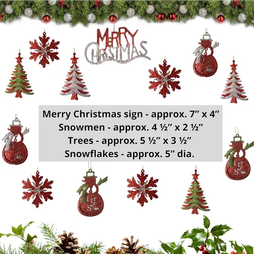 Miniatura 2 de Surtido de adornos de Navidad – Purpurina roja plateada y verde – Juego de 13 adornos de Navidad con purpurina – Muñecos de nieve – Feliz Navidad